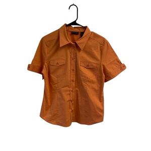 Orange Short Sleeve Button-Up‎ Collared Stretch Shirt